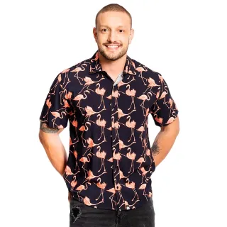 Camiseta Estampada Flamingos Preta em Viscose - GG