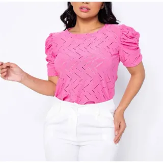 Moda feminina: Blusa casual manga curta bufante laise - P