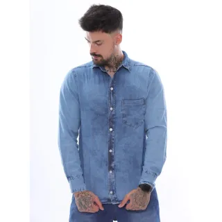 Camisa Manga Comprida Jeans Masculina Manchada - GG