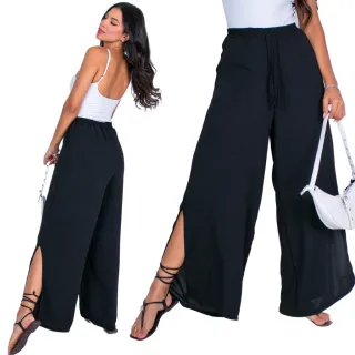 Moda Feminina: Calça Pantalona Duna Cintura Alta com Fendas e Cordão - PANT Duna Verde Premium