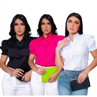 Camisa Social Feminina Branca Manga Curta - Liso - Azul Bebê