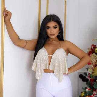 Cropped Frente Única Lurex e Paetê com Corrente Feminino - Rosa Paetê Quadrado Rosa