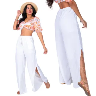 Moda Feminina: Calça Pantalona Duna Cintura Alta com Fendas e Cordão - PANT Duna Verde Premium