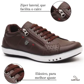 Promoção Sapatênis Masculino Couro Confortável Calce Fácil Ortopédico Zíper - CAFE