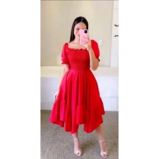Vestido princesa moda evangélica blogueira com lastex e manga bufante - Lilás Escuro