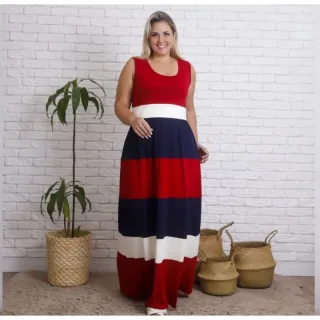 Faixas Regata Longo Náutico Vestido com - Vermelho c Azul Marinho