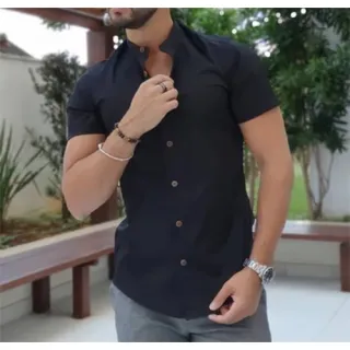 Camisa Slim Fit Manga Curta Gola Padre Viscolinho - Raryel - Preto