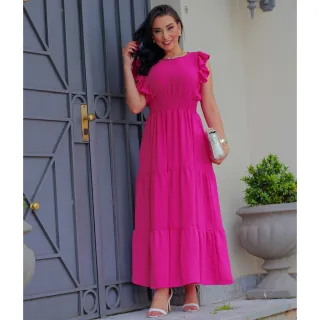 Vestido Evangélico Longo para Festa com Lastex na Cintura - Azul Claro