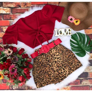 Top com Manga e Conjunto Feminino Short Saia - Bordô
