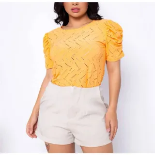 Moda feminina: Blusa casual manga curta bufante laise - P