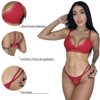 Lingerie Feminino Conjunto Renda Sexy Sem Bojo Calcinha Tanga De Tiras - Azul Marinho