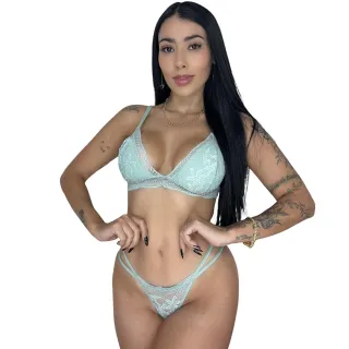 Lingerie Feminino Conjunto Renda Sexy Sem Bojo Calcinha Tanga De Tiras - Azul Marinho