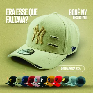 Rasgado Aba Curva NY New York Destroyed Boné Masculino Feminino - Preto/Amarelo