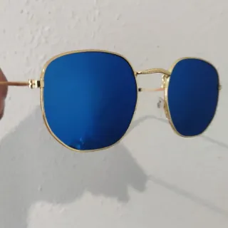 Óculos sol feminino masculino hexagonal armação metal - Azul