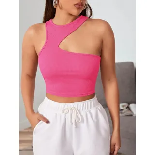 Malha canelada Cropped GOLA ASSIMÉTRICA RECORTE EM L - Sexy, bonito e barato - Preto