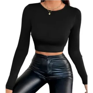 Modinha Chique Manga Longa Preto Cropped Feminino