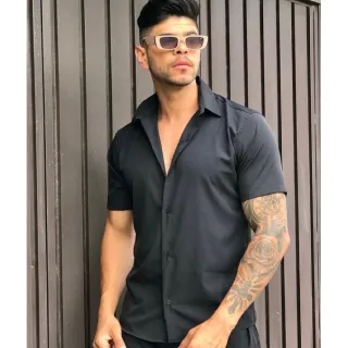 Promoção Verão: Camisa Manga Curta Lisa Masculina de Viscose em oferta - VERDE ESCURO 8