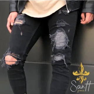 Envio imediato Calças jeans masculina skinny destroyed original Santt Jeans - Calça escura destroyed
