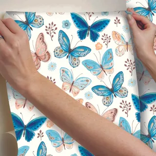 Papel de Parede Adesivo Lavável Borboletas Azul Rosa - Sala 0.5m - Único