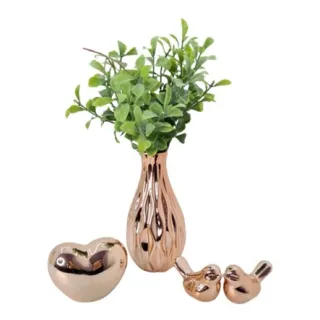 Kit decoração coração vaso planta casal de pássaros dourado prata - Dourado