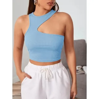 Malha canelada Cropped GOLA ASSIMÉTRICA RECORTE EM L - Sexy, bonito e barato - Preto