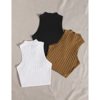 Moda Verão Kit 3 Cropped Feminino Golinha Canelado - Cores Diversas - Branco-Vermelho-Telha