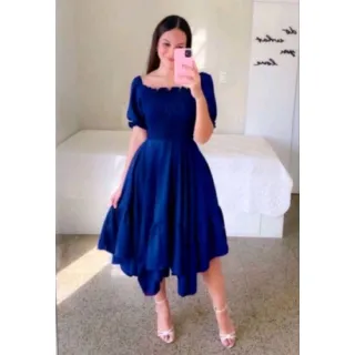 Vestido princesa moda evangélica blogueira com lastex e manga bufante - Lilás Escuro