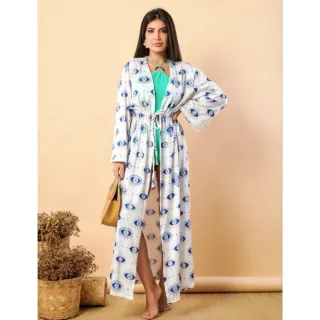 Moda 2022: Saída de Praia Estampada Manga Longa Olho Grego/Tropical - olho azul