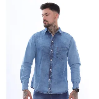 Camisa Manga Comprida Jeans Masculina Manchada - GG