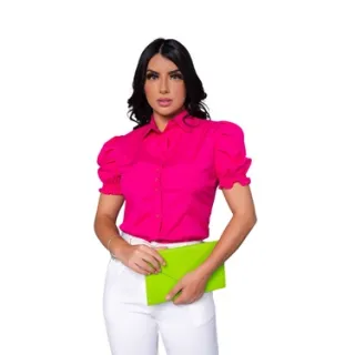 Camisa Social Feminina Branca Manga Curta - Liso - Azul Bebê