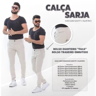 Calça Masculina Slim Fit Sarja, Bolso Faca, Cores Variadas