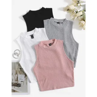 Moda Verão Kit 3 Cropped Feminino Golinha Canelado - Cores Diversas - Branco-Vermelho-Telha