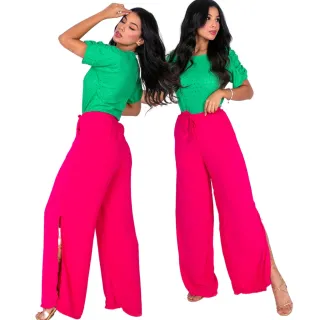 Moda Feminina: Calça Pantalona Duna Cintura Alta com Fendas e Cordão - PANT Duna Verde Premium