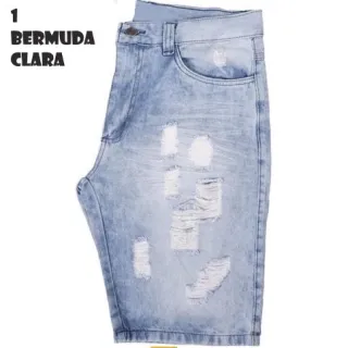 Moda masculina: Kit com 3 Bermudas Jeans Claro Rasgadas Premium - 3 BERMUDA JEANS VARIADAS