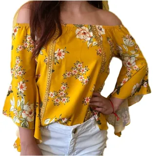 Manga Flare Blusa Ciganinha Feminina - Preto flor amarela