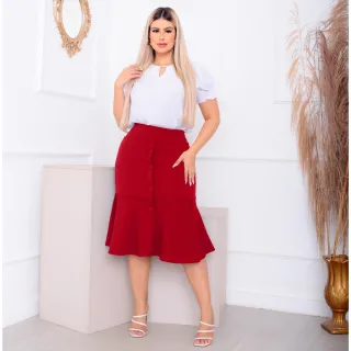Moda Evangélica Saia Crepe Premium Babado 4 Botões Bolso - Marsala