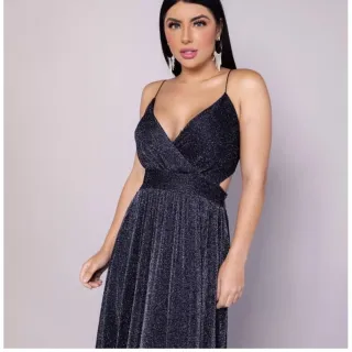Formaturas convidadas: Vestido longo preto com brilho lurex para festa coquetel - Preto