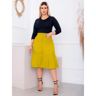 Moda Evangélica Saia Crepe Premium Babado 4 Botões Bolso - Marsala