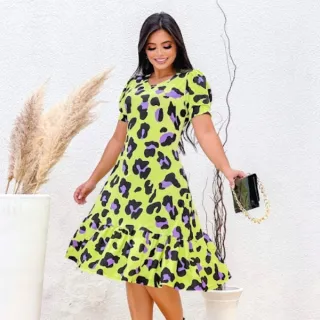 Moda Evangélica: Vestido Premium Midi Animal Print com Babados em Viscolaycra - Verde