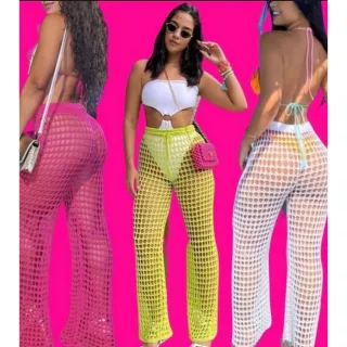 Moda Verão Tricot Calça Saida Furinho Praia - Pink