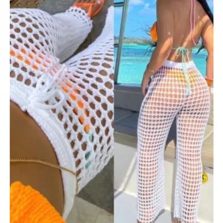 Moda praia: calça de tricô crochê neon em várias cores - Branco