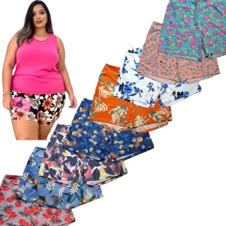 Plus Size Feminino Short Estampado Malha Canelada Liso Tamanhos Grandes