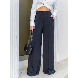 Tendência 2023: Calça Wide Leg Pantalona Feminina Duna com Botão - Azul Marinho(Com forro)