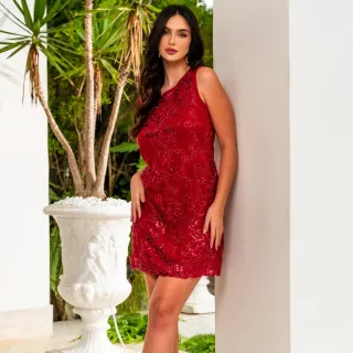 Vestido curto feminino todo forrado com brilho - S-194 - Vermelho