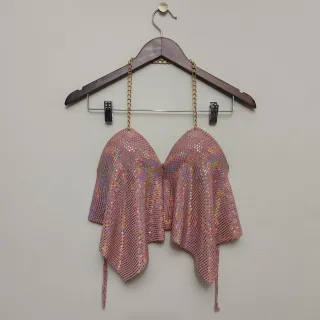 Cropped Frente Única Lurex e Paetê com Corrente Feminino - Rosa Paetê Quadrado Rosa