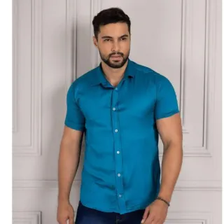 Acetinada curta manga camisa - roupas online Raryel - Azul Royal