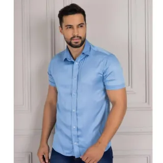 Acetinada curta manga camisa - roupas online Raryel - Azul Royal
