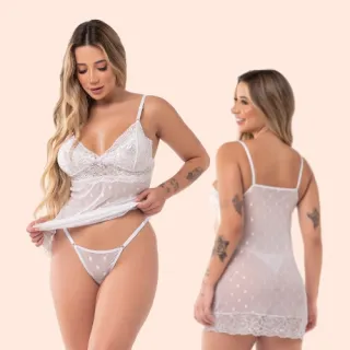 Sensual Camisola Renda Tule com Tanga - Promoção - Preta