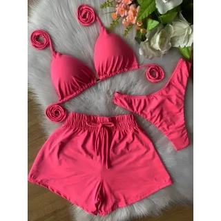 Conjunto biquini asa delta feminino, moda praia verao - Kit com 3 peças - Conchas
