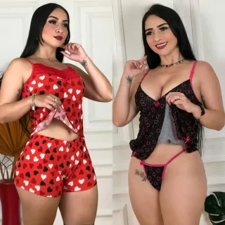 Camisola Feminina Sensual Kit 2 com Calcinha Fio/Short Doll - Raryel - 03